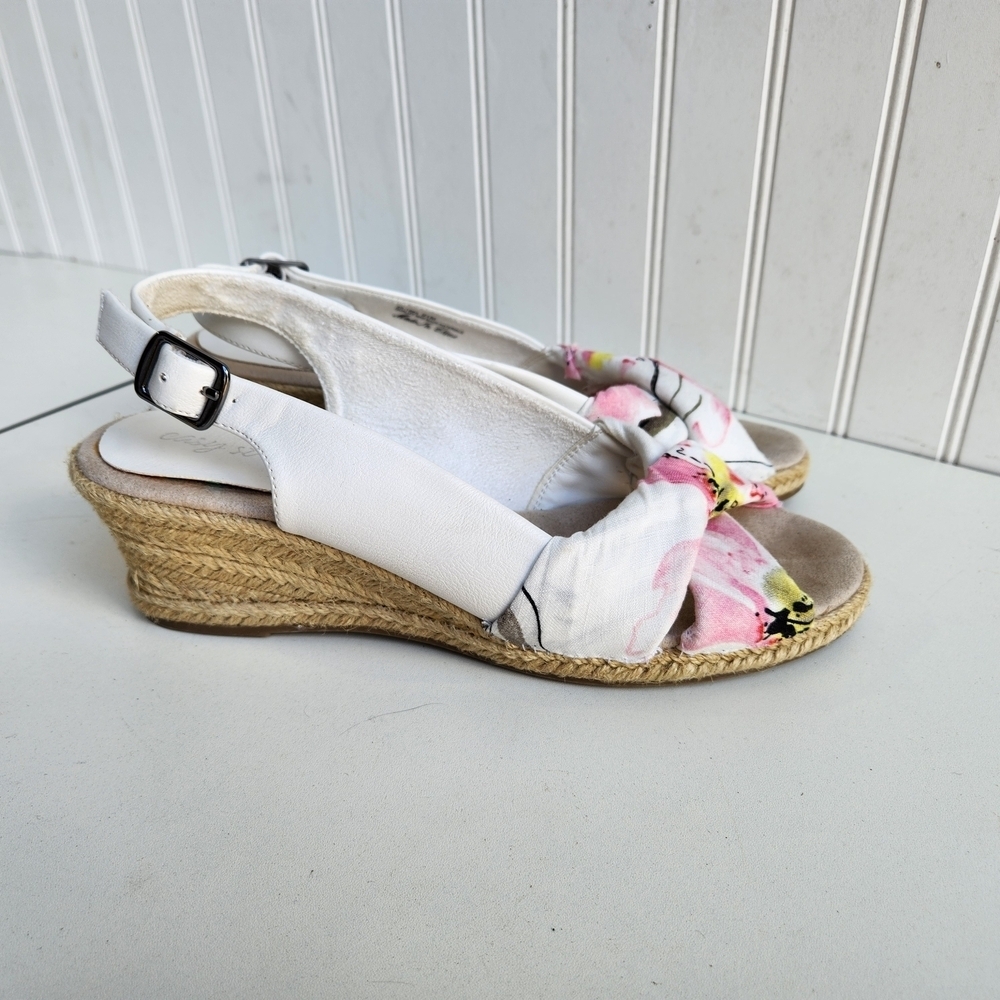 Easy Street Super Flex White Floral Adjustable Wedge Sandals Shoes Women's 9.5 M
